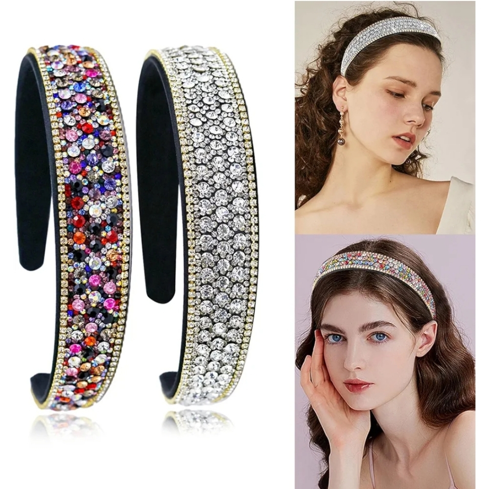 Set of 2 Clear/Multi-Color Rhinestone Jewelled Flexible Headbands